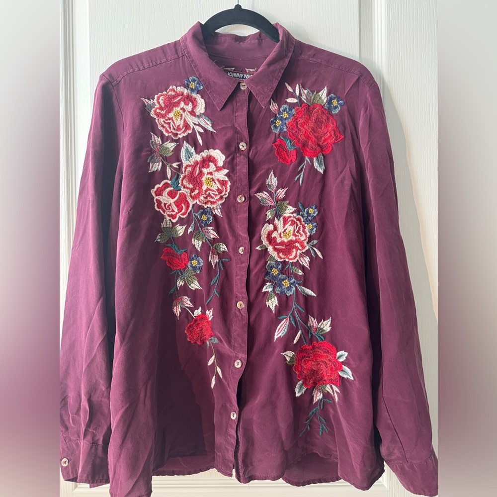 Johnny Was Silk Floral Shirt w/ button dart embellished back - size L Fabulous - Picture 1 of 13